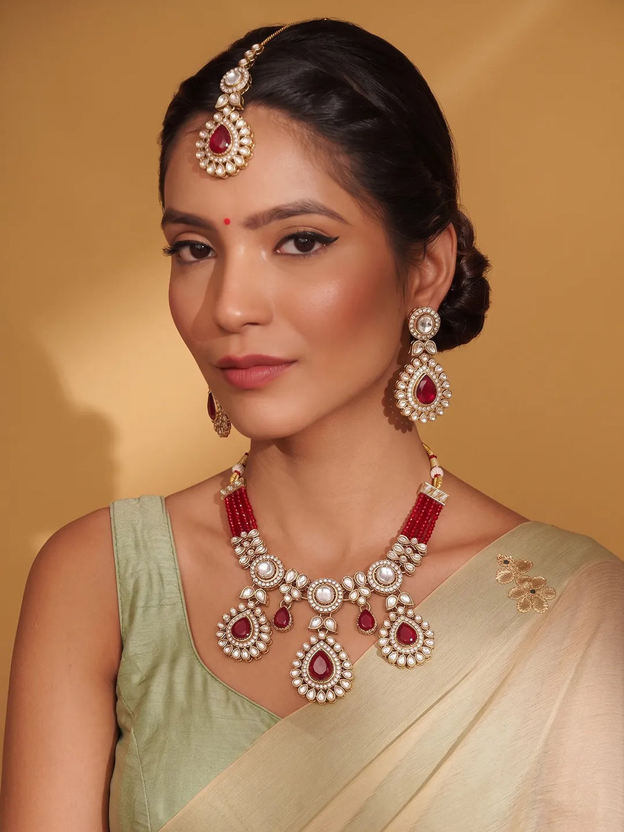 Gold Plated Maroon Drop Kundan Necklace Set