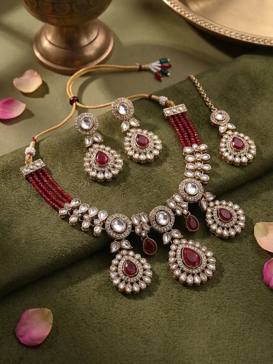 Gold Plated Maroon Drop Kundan Necklace Set