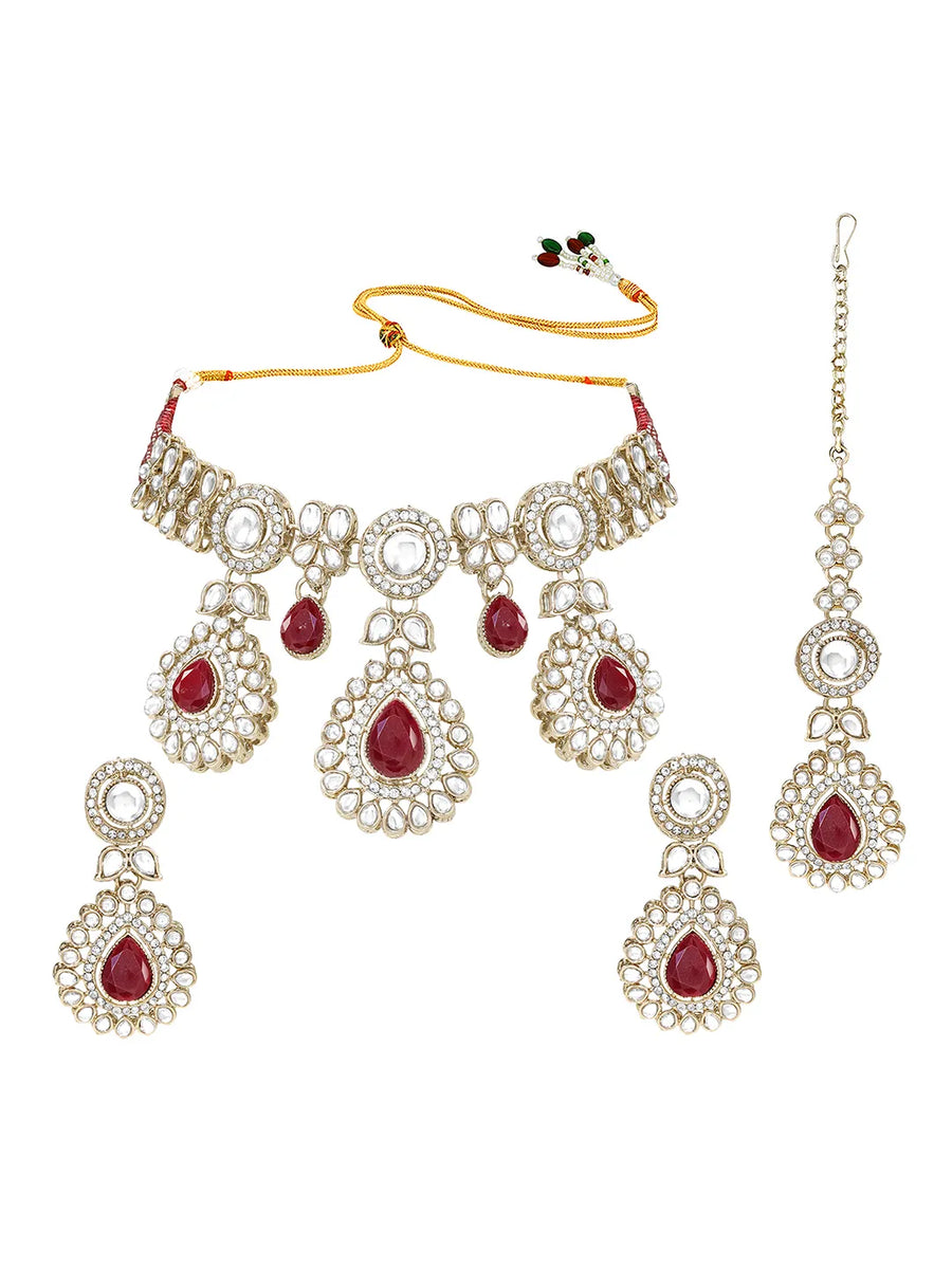 Gold Plated Maroon Drop Kundan Necklace Set