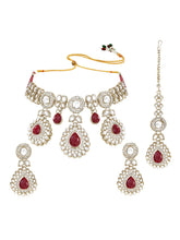 Gold Plated Maroon Drop Kundan Necklace Set