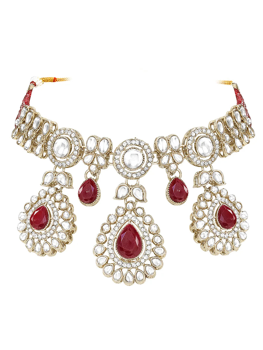 Gold Plated Maroon Drop Kundan Necklace Set