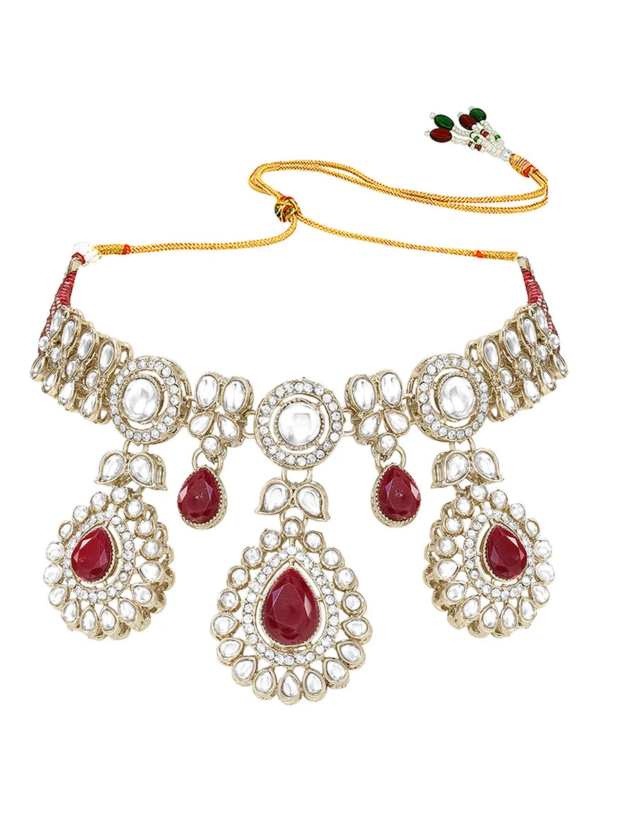 Gold Plated Maroon Drop Kundan Necklace Set
