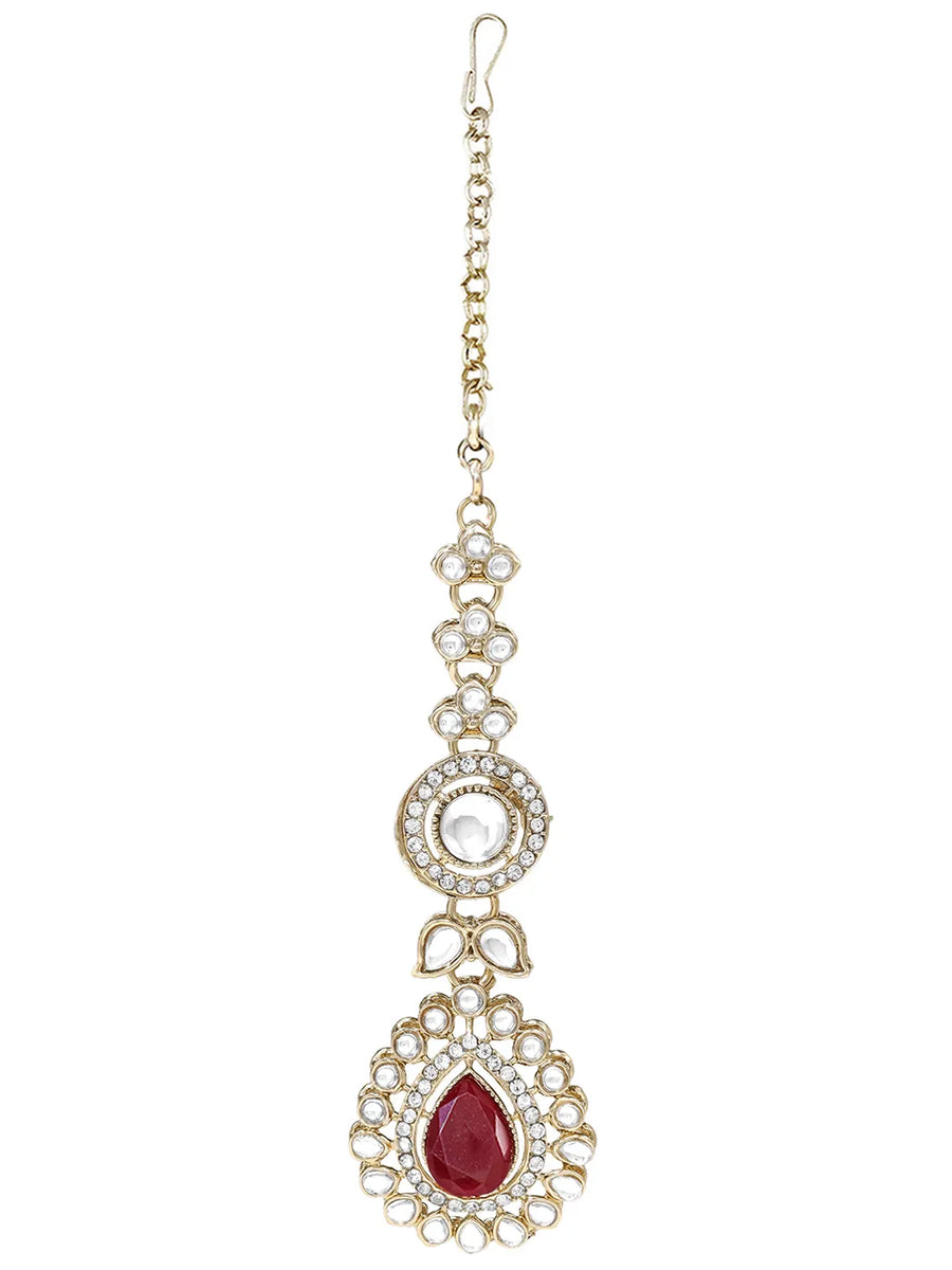 Gold Plated Maroon Drop Kundan Necklace Set