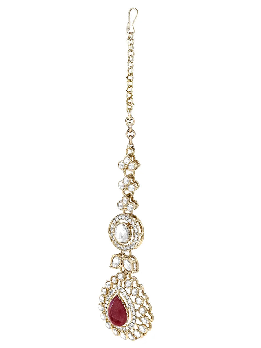 Gold Plated Maroon Drop Kundan Necklace Set