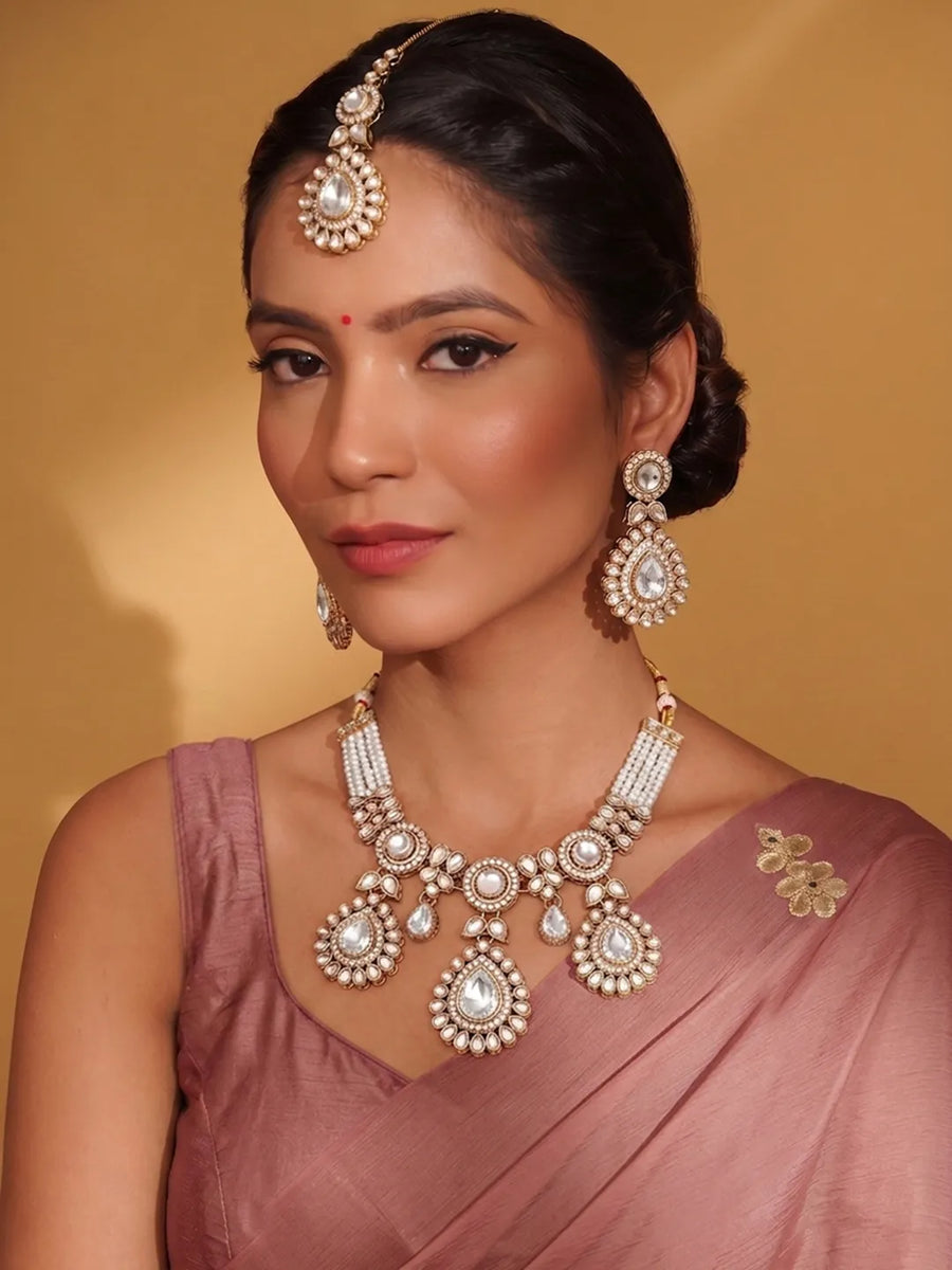 Gold Plated White Drop Kundan Necklace Set