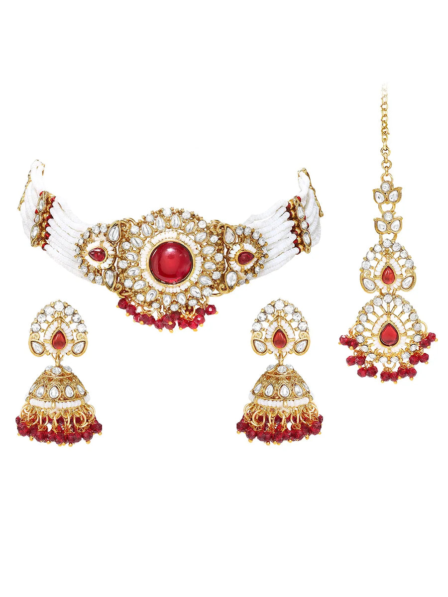 Gold Plated Maroon Pearl Bridal Necklace Set