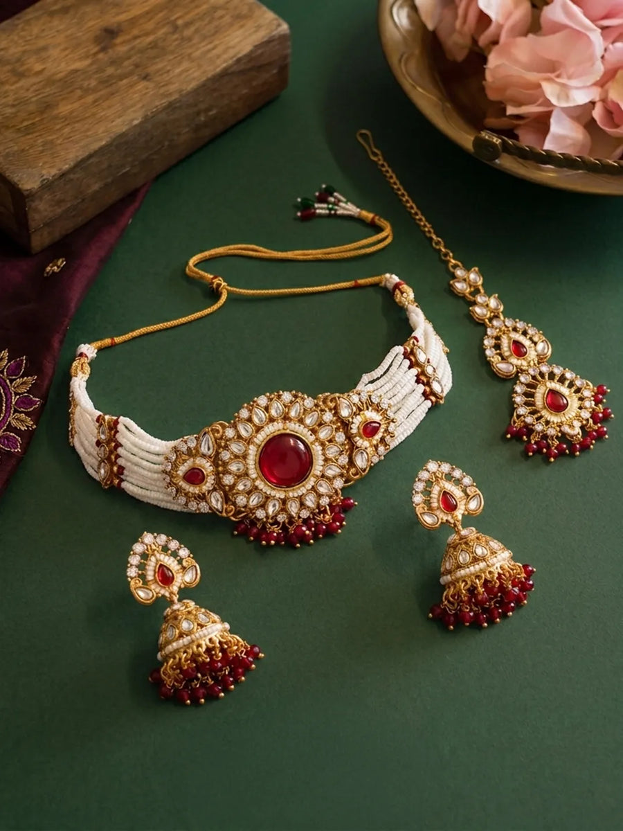 Gold Plated Maroon Pearl Bridal Necklace Set
