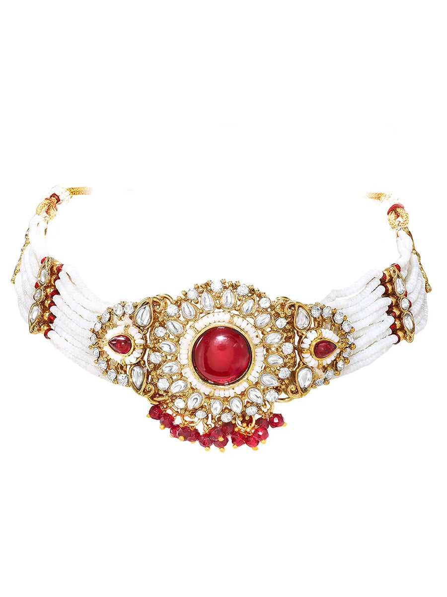 Gold Plated Maroon Pearl Bridal Necklace Set