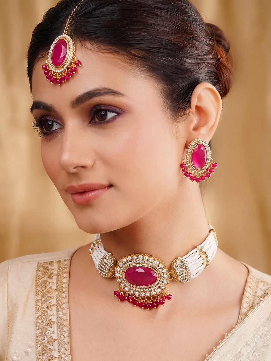 Gold Plated Ruby Pearl Statement Choker set
