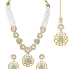 Gold Plated Mint Pink Kundan Necklace Set
