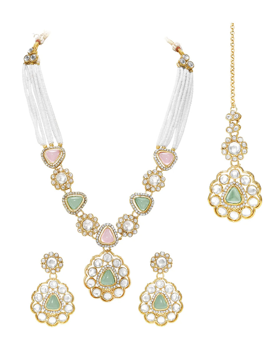 Gold Plated Mint Pink Kundan Necklace Set