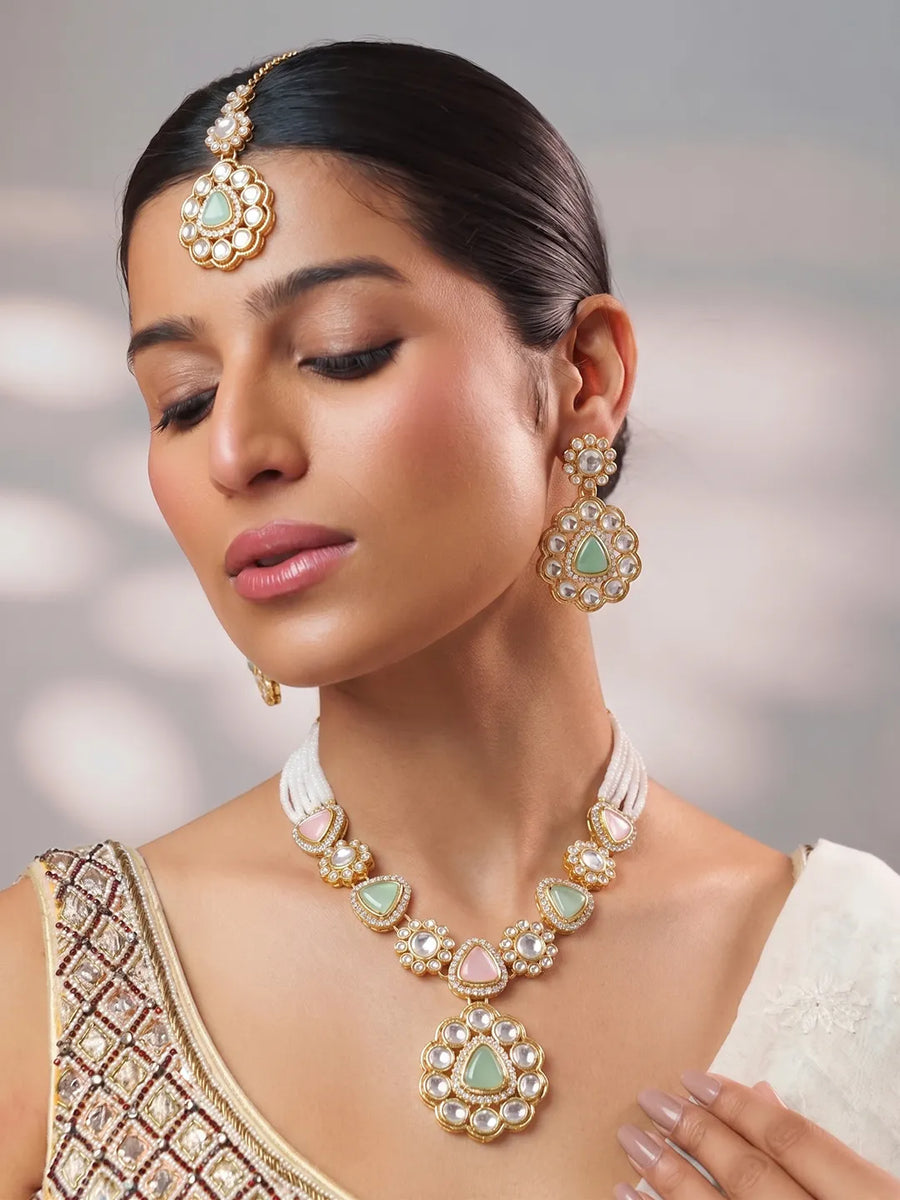 Gold Plated Mint Pink Kundan Necklace Set