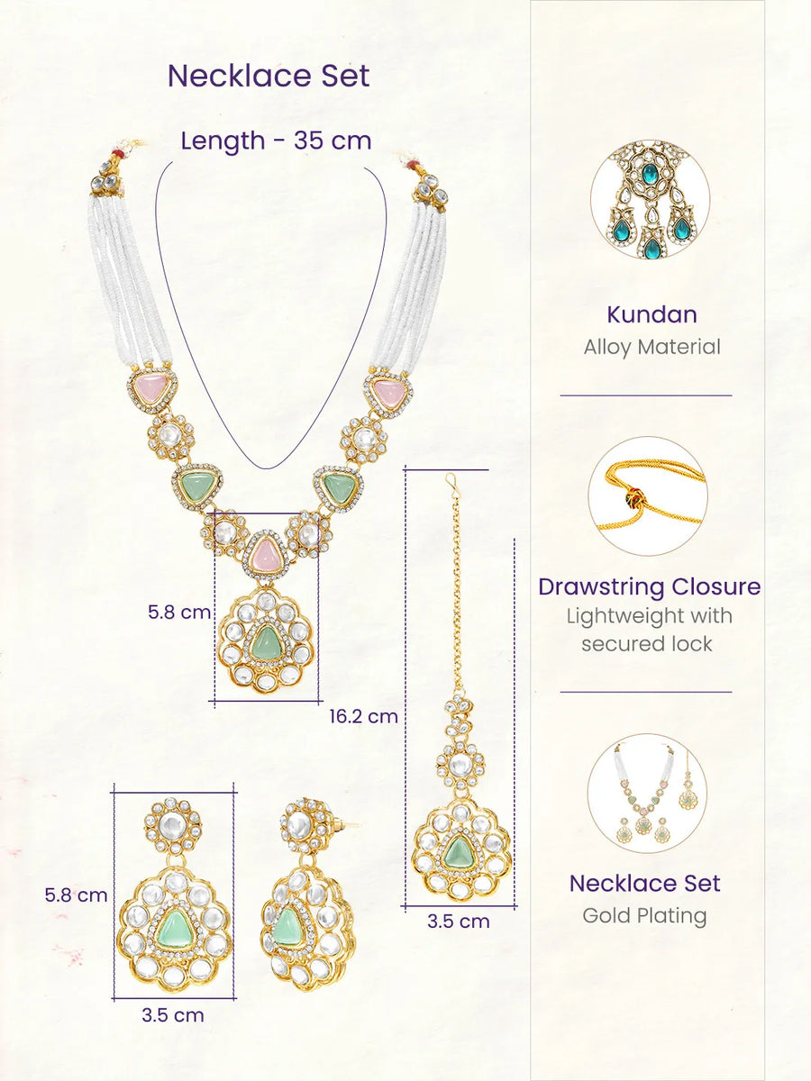Gold Plated Mint Pink Kundan Necklace Set