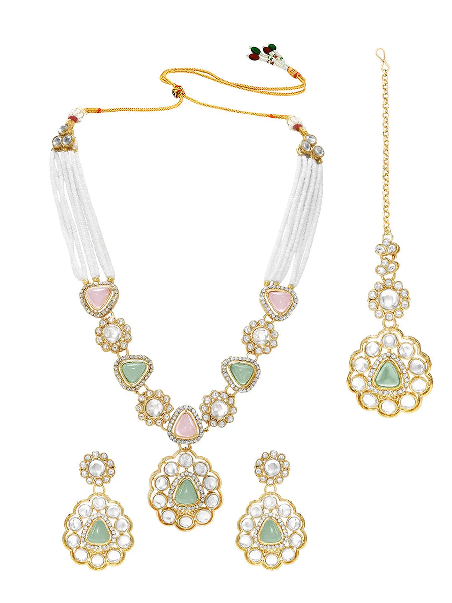 Gold Plated Mint Pink Kundan Necklace Set