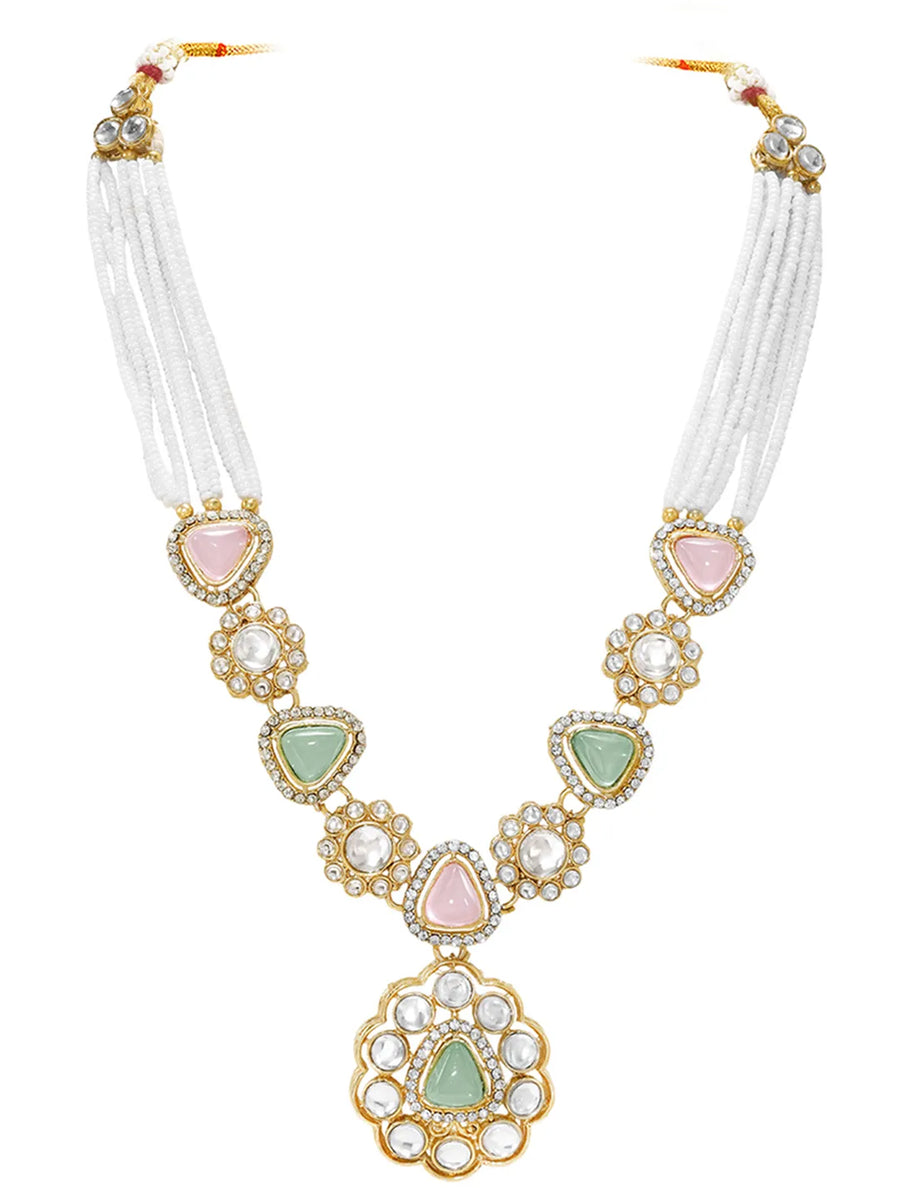 Gold Plated Mint Pink Kundan Necklace Set