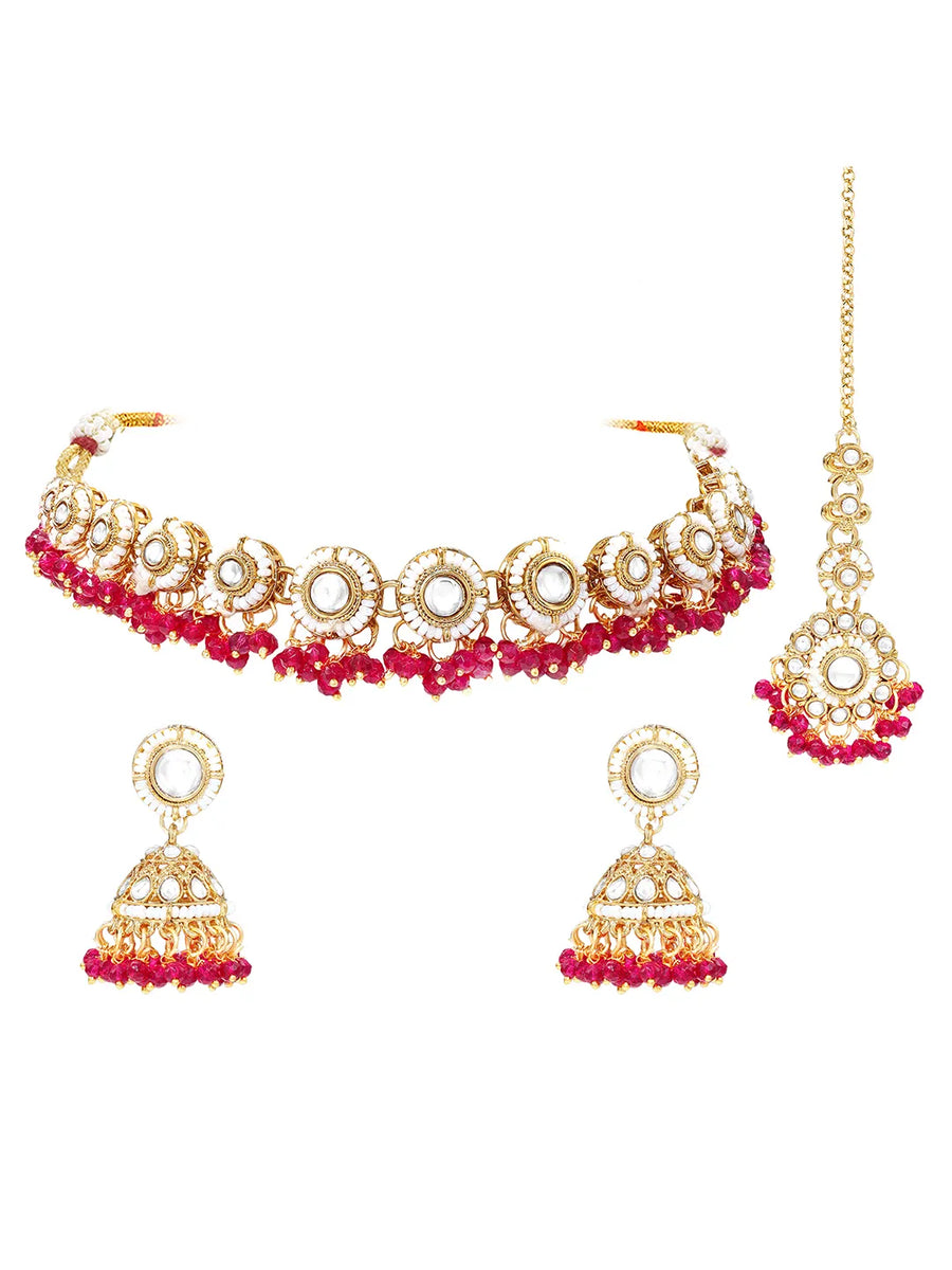 Gold Plated Kundan Pearl Jhumka Necklace Set