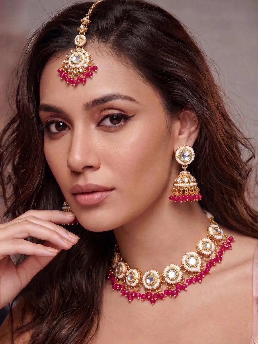 Gold Plated Kundan Pearl Jhumka Necklace Set