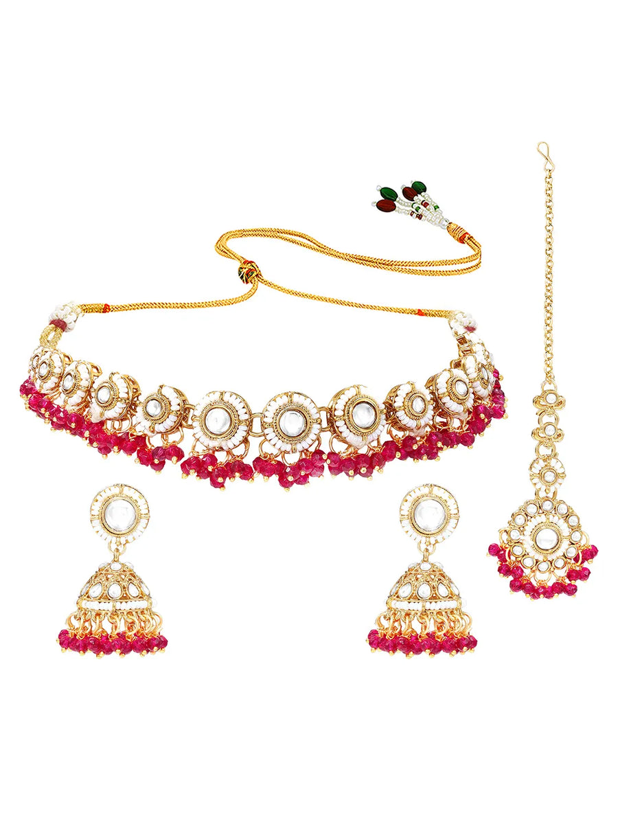 Gold Plated Kundan Pearl Jhumka Necklace Set
