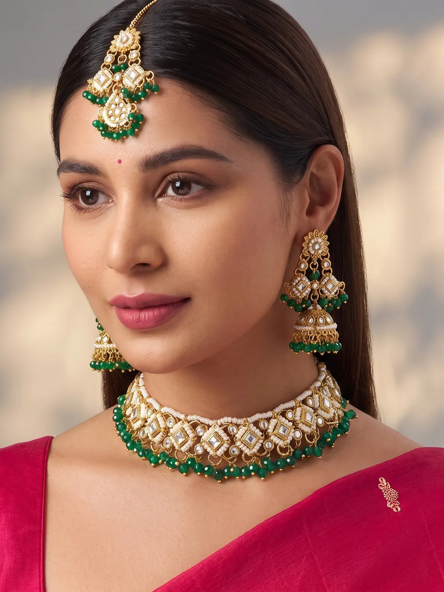 Gold Plated Green Kundan Pearl Necklace Set