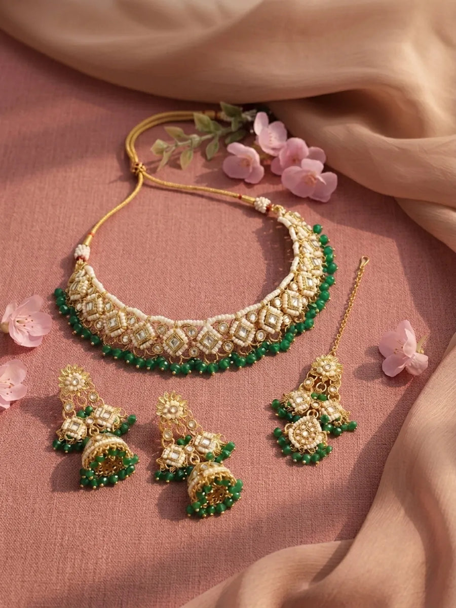 Gold Plated Green Kundan Pearl Necklace Set