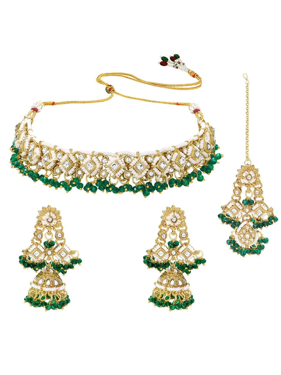 Gold Plated Green Kundan Pearl Necklace Set