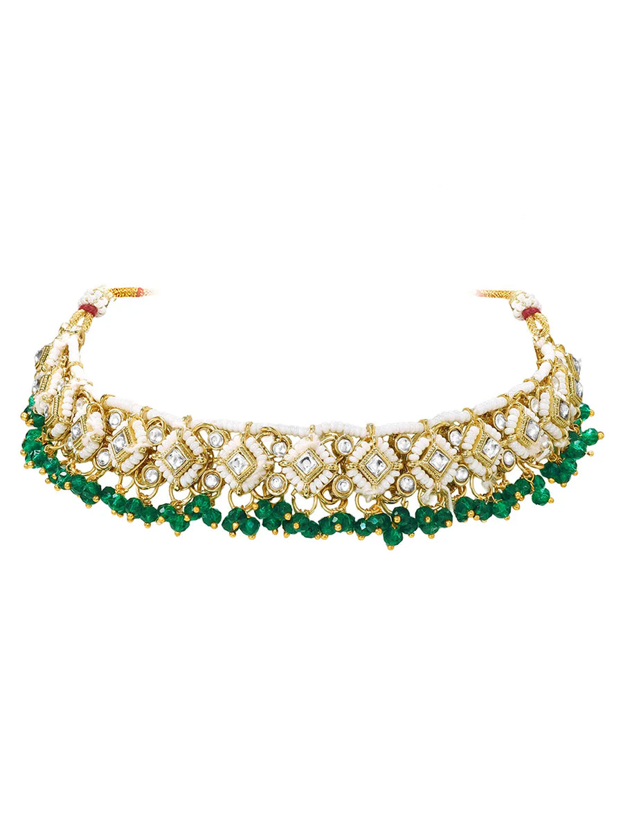 Gold Plated Green Kundan Pearl Necklace Set