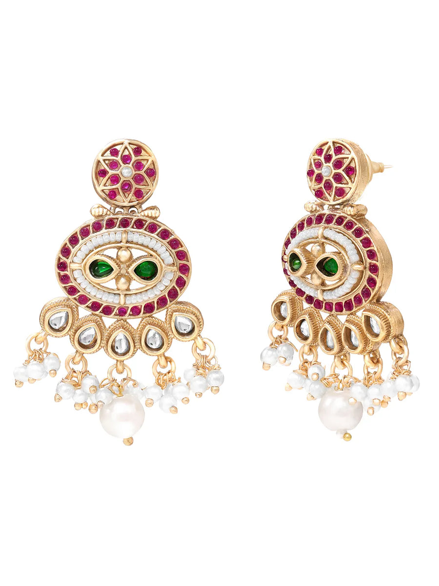 Gold Plated Kundan Pearl Dangle Earrings