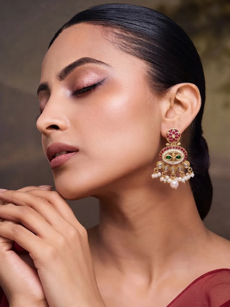 Gold Plated Kundan Pearl Dangle Earrings