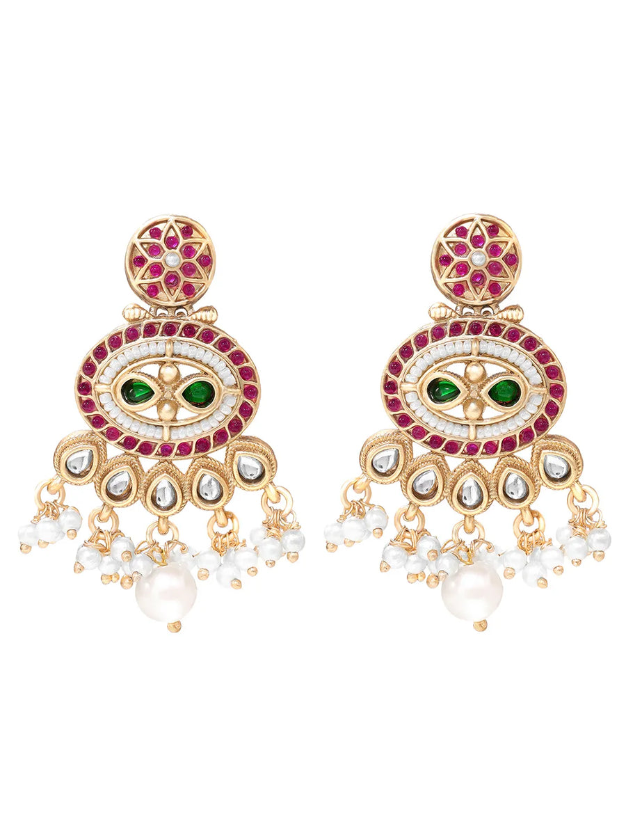 Gold Plated Kundan Pearl Dangle Earrings