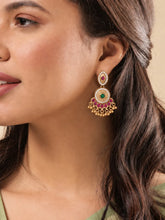Gold Plated Red Green Kundan Drop Earrings