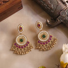Gold Plated Red Green Kundan Drop Earrings