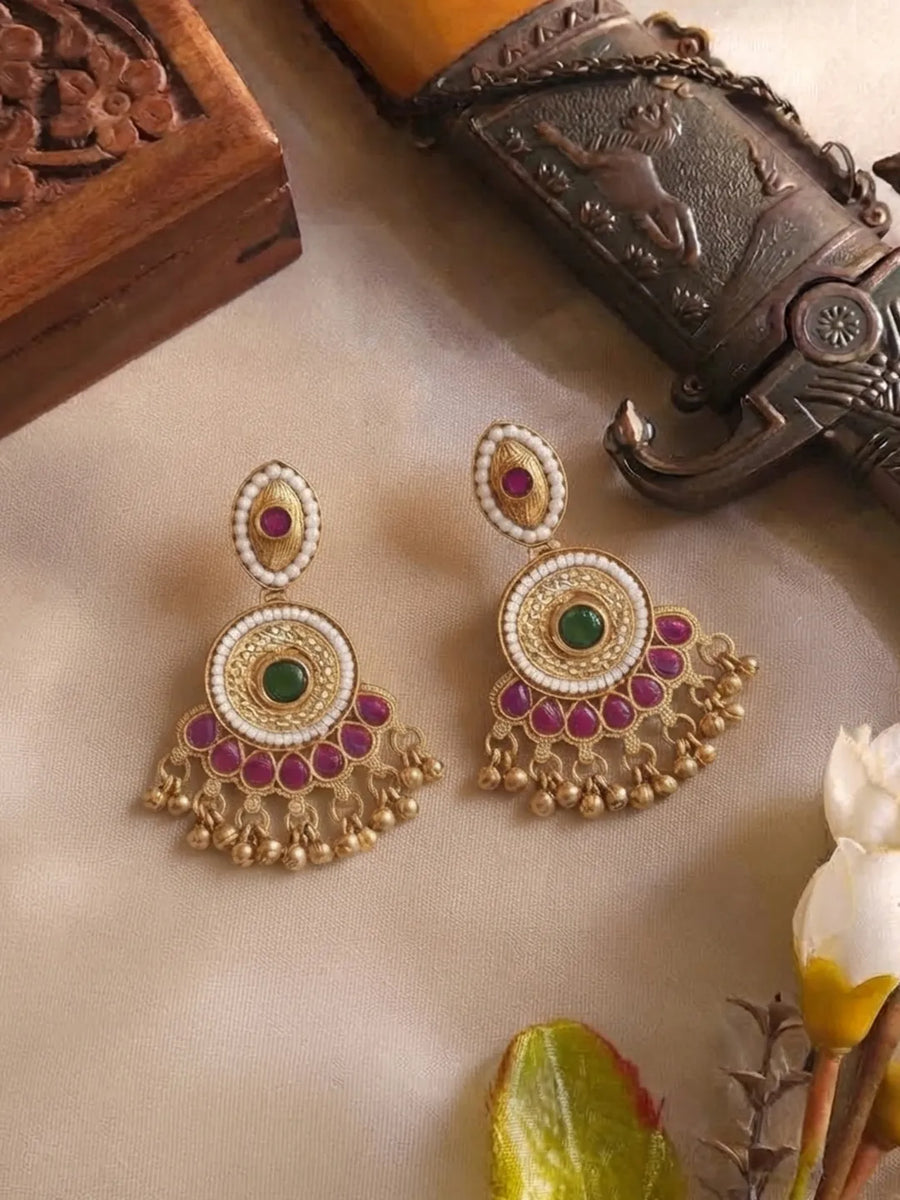 Gold Plated Red Green Kundan Drop Earrings