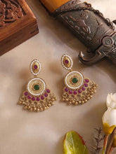 Gold Plated Red Green Kundan Drop Earrings