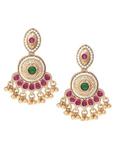 Gold Plated Red Green Kundan Drop Earrings