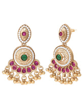 Gold Plated Red Green Kundan Drop Earrings