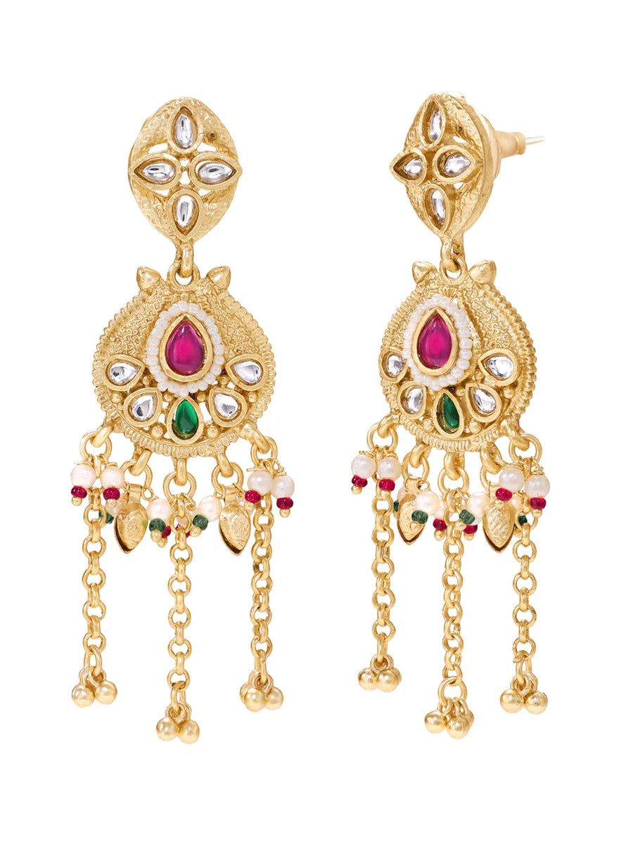 Gold Plated Kundan Pearl Chain Drop Earrings