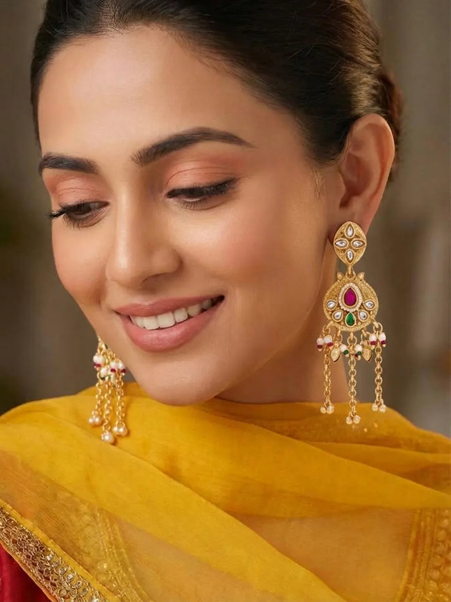 Gold Plated Kundan Pearl Chain Drop Earrings