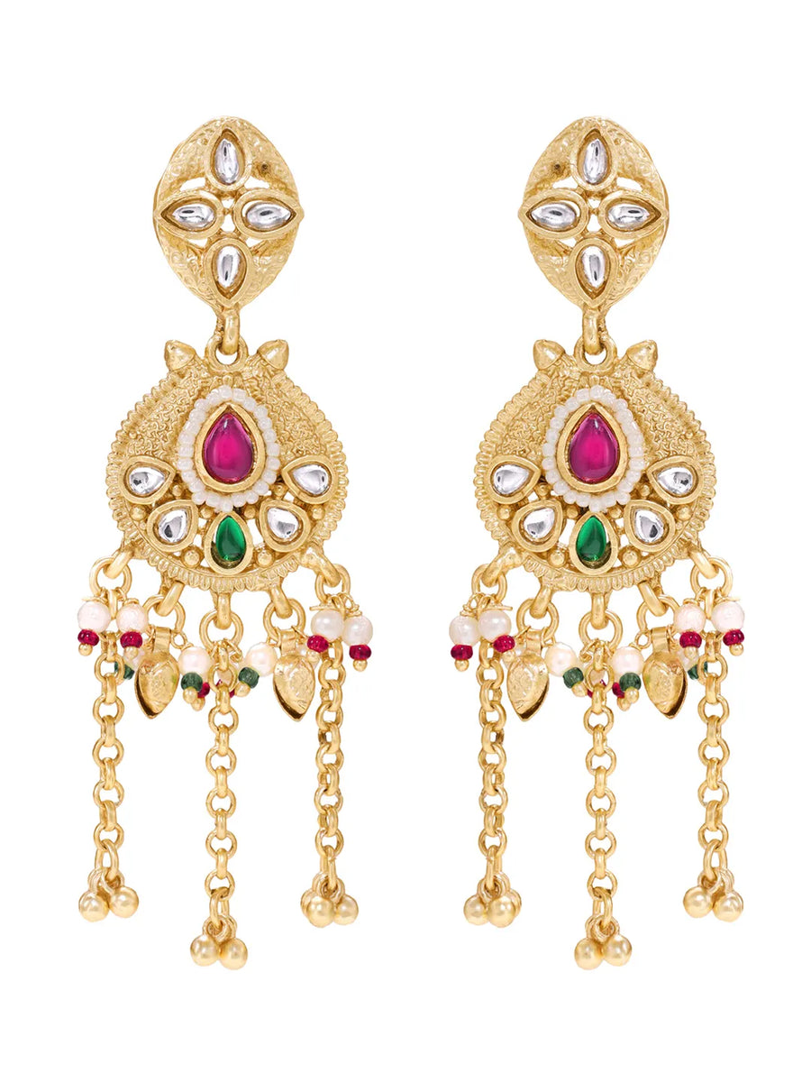 Gold Plated Kundan Pearl Chain Drop Earrings