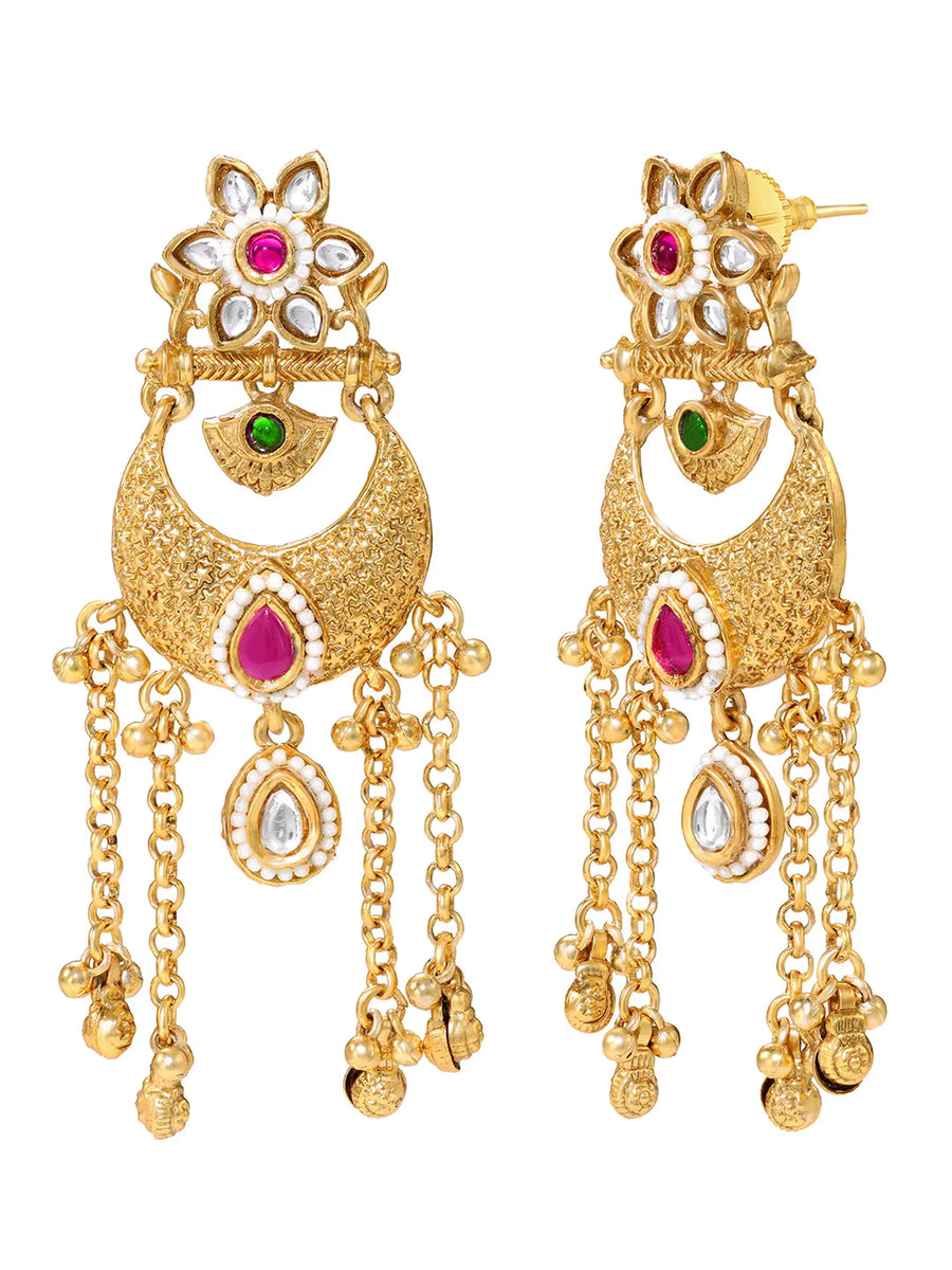 Gold Plated Pink Green Kundan Statement Earrings