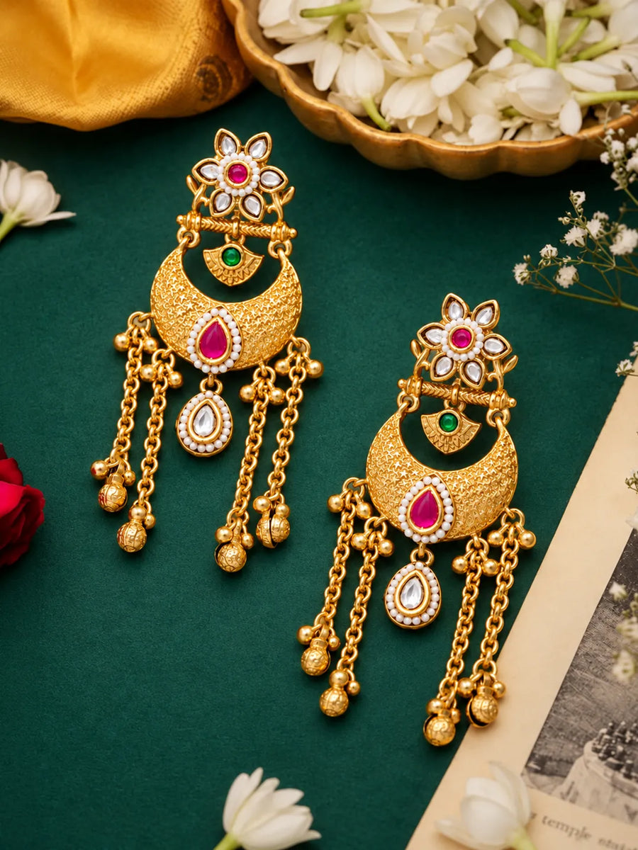 Gold Plated Pink Green Kundan Statement Earrings