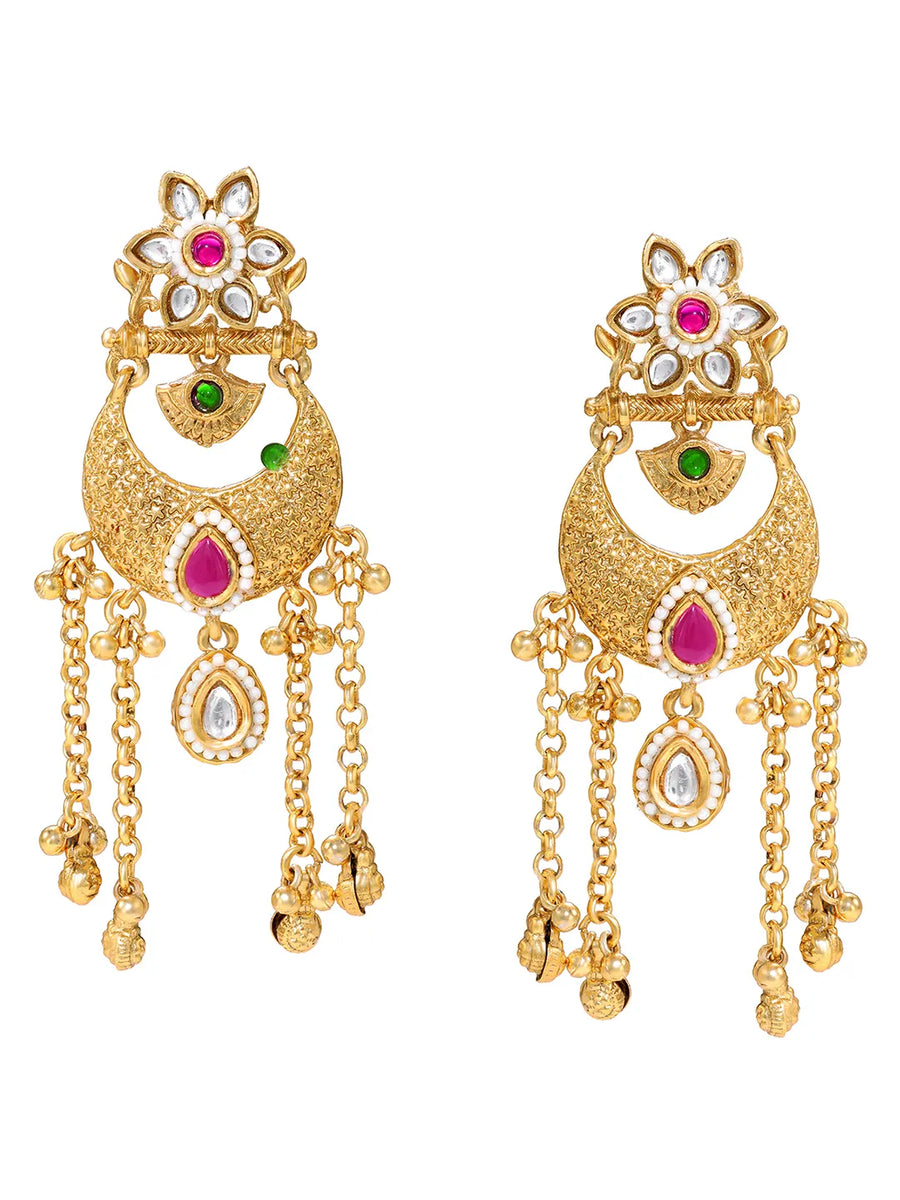 Gold Plated Pink Green Kundan Statement Earrings