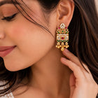 Gold Plated Pink Green Bead Statement Earrings