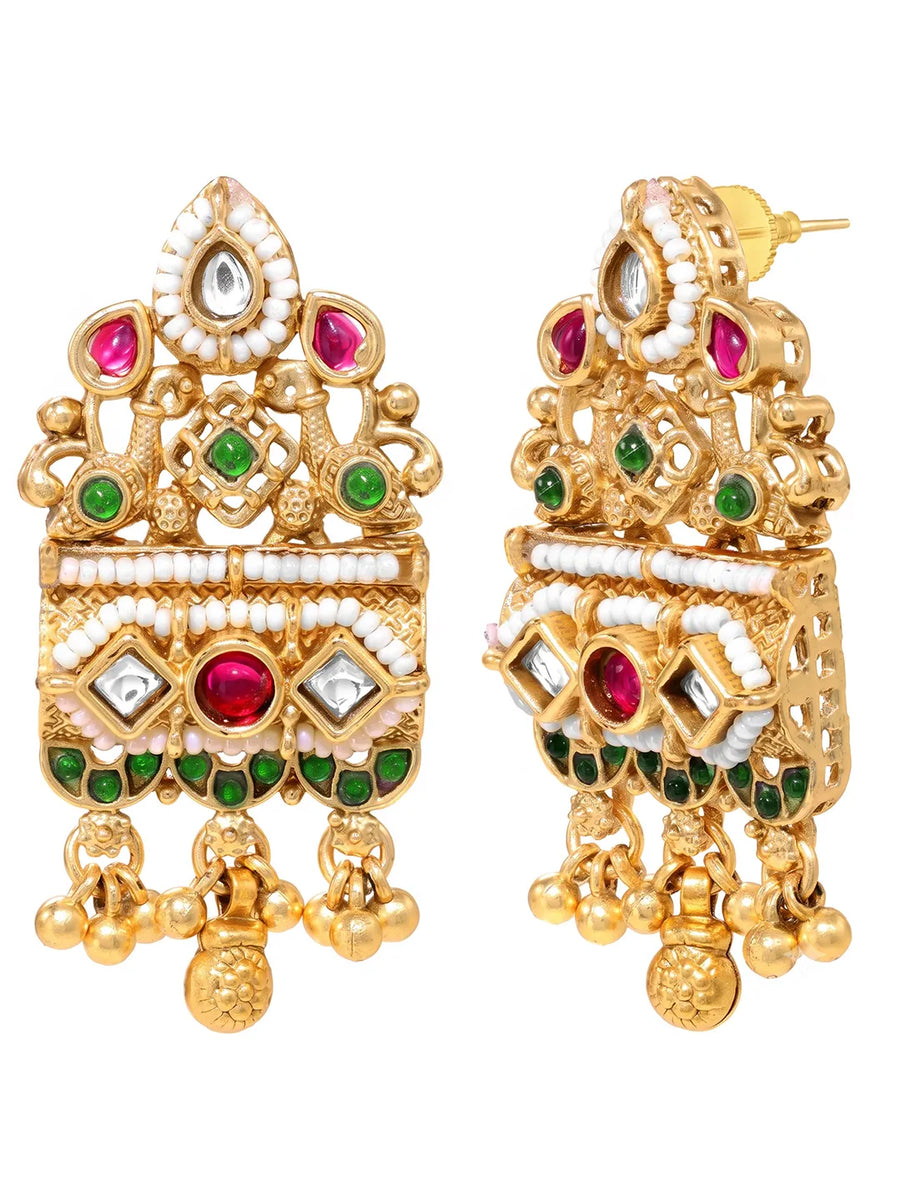 Gold Plated Pink Green Bead Statement Earrings