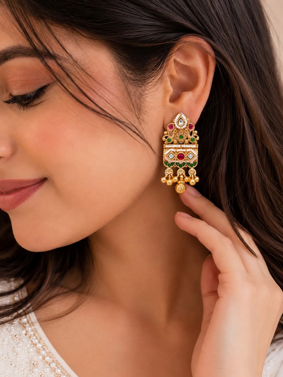 Gold Plated Pink Green Bead Statement Earrings