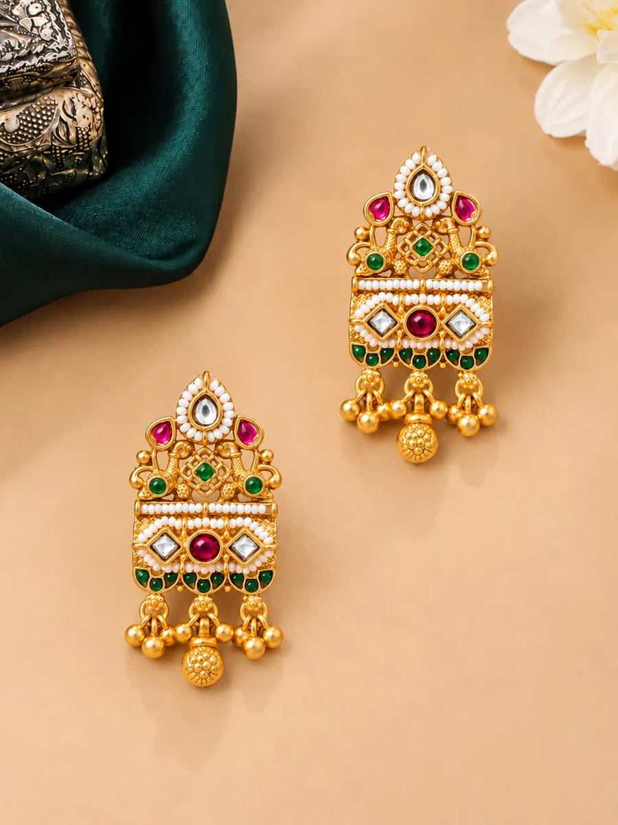 Gold Plated Pink Green Bead Statement Earrings
