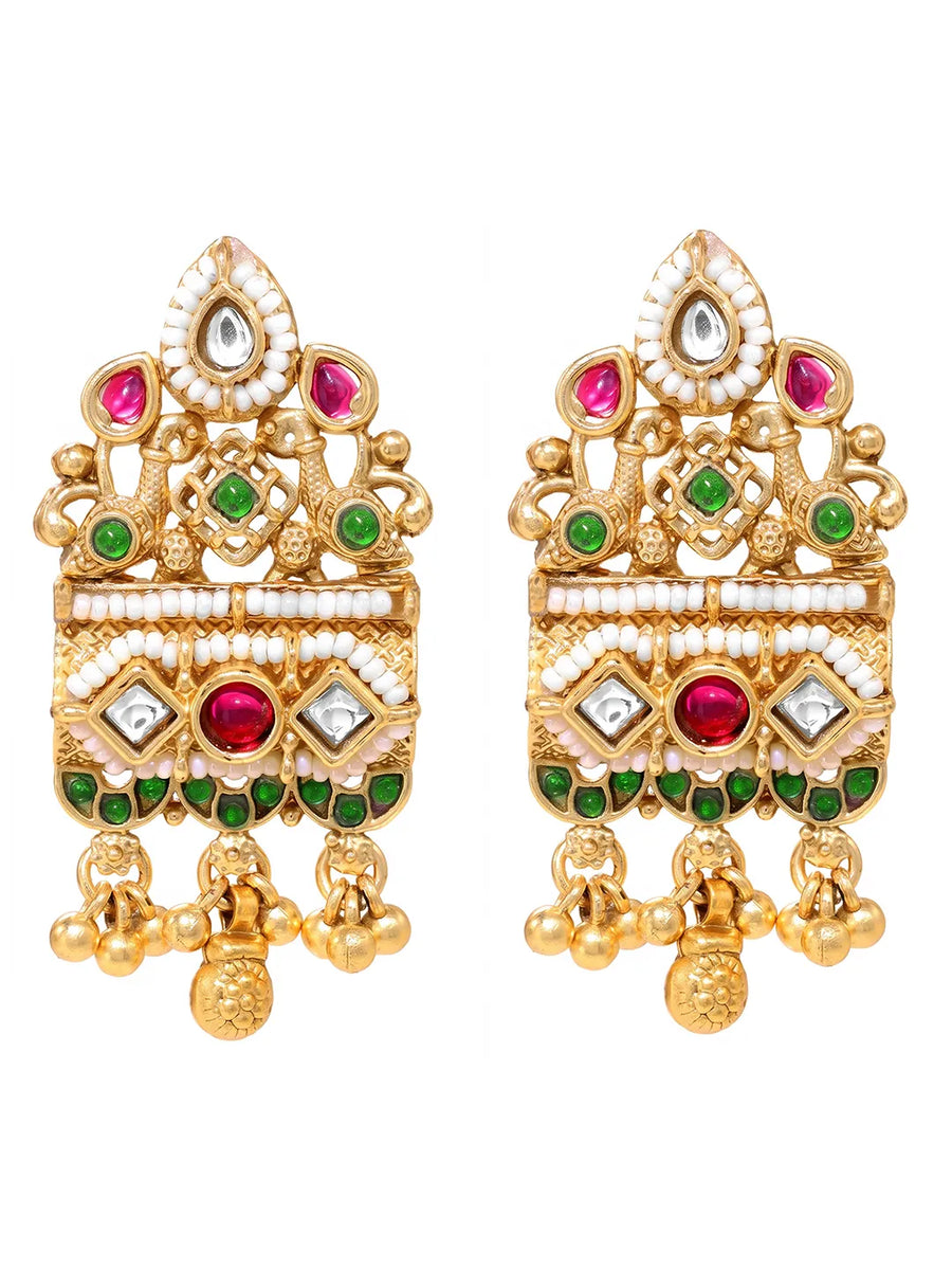 Gold Plated Pink Green Bead Statement Earrings