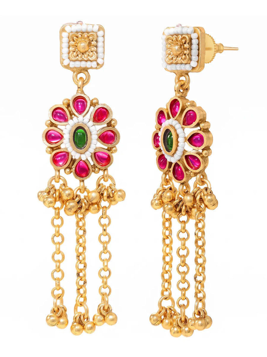 Gold Plated Pink Green Intricate Earrings