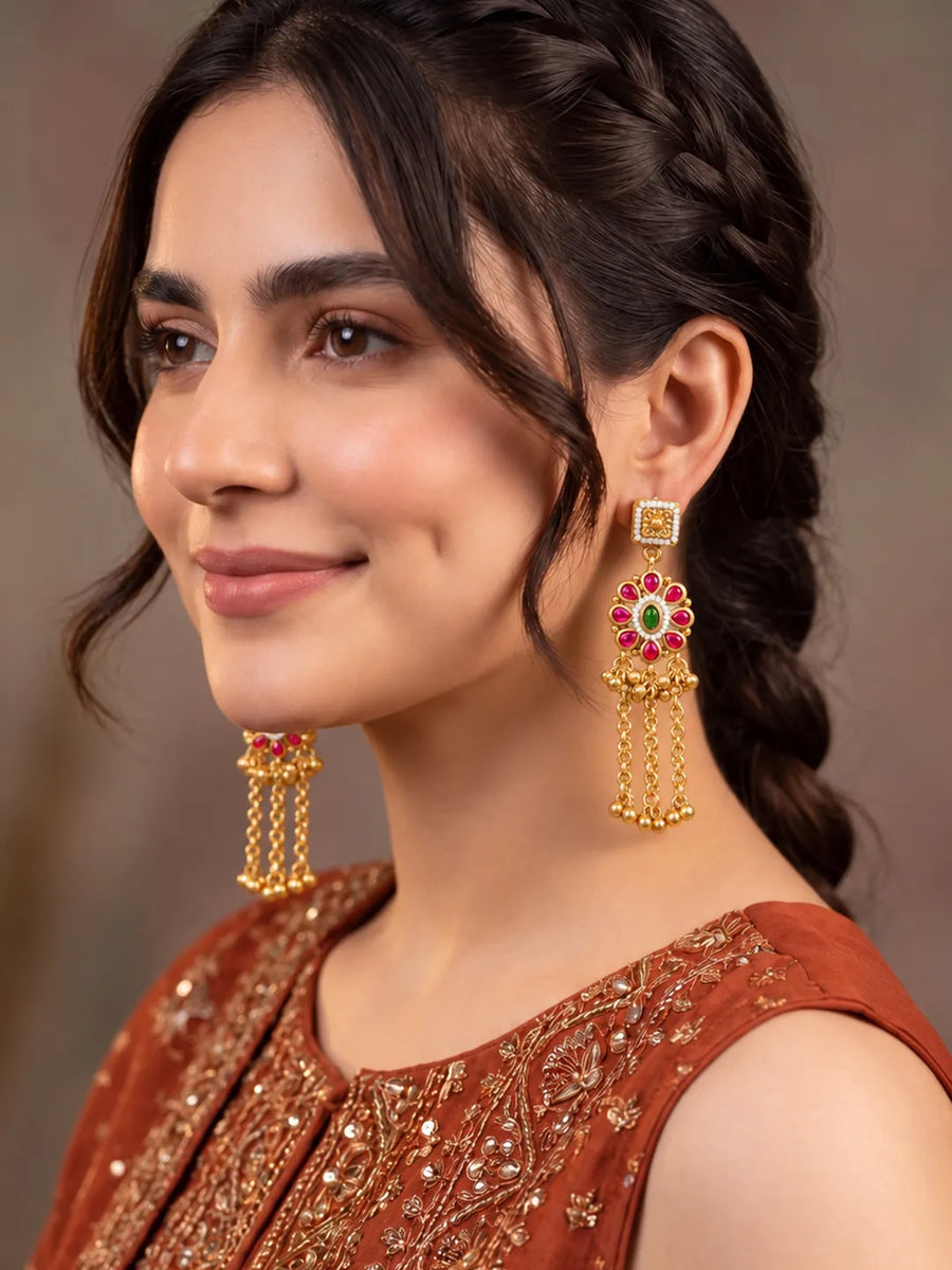 Gold Plated Pink Green Intricate Earrings
