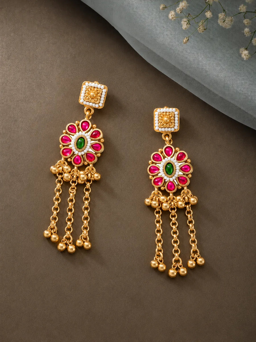 Gold Plated Pink Green Intricate Earrings