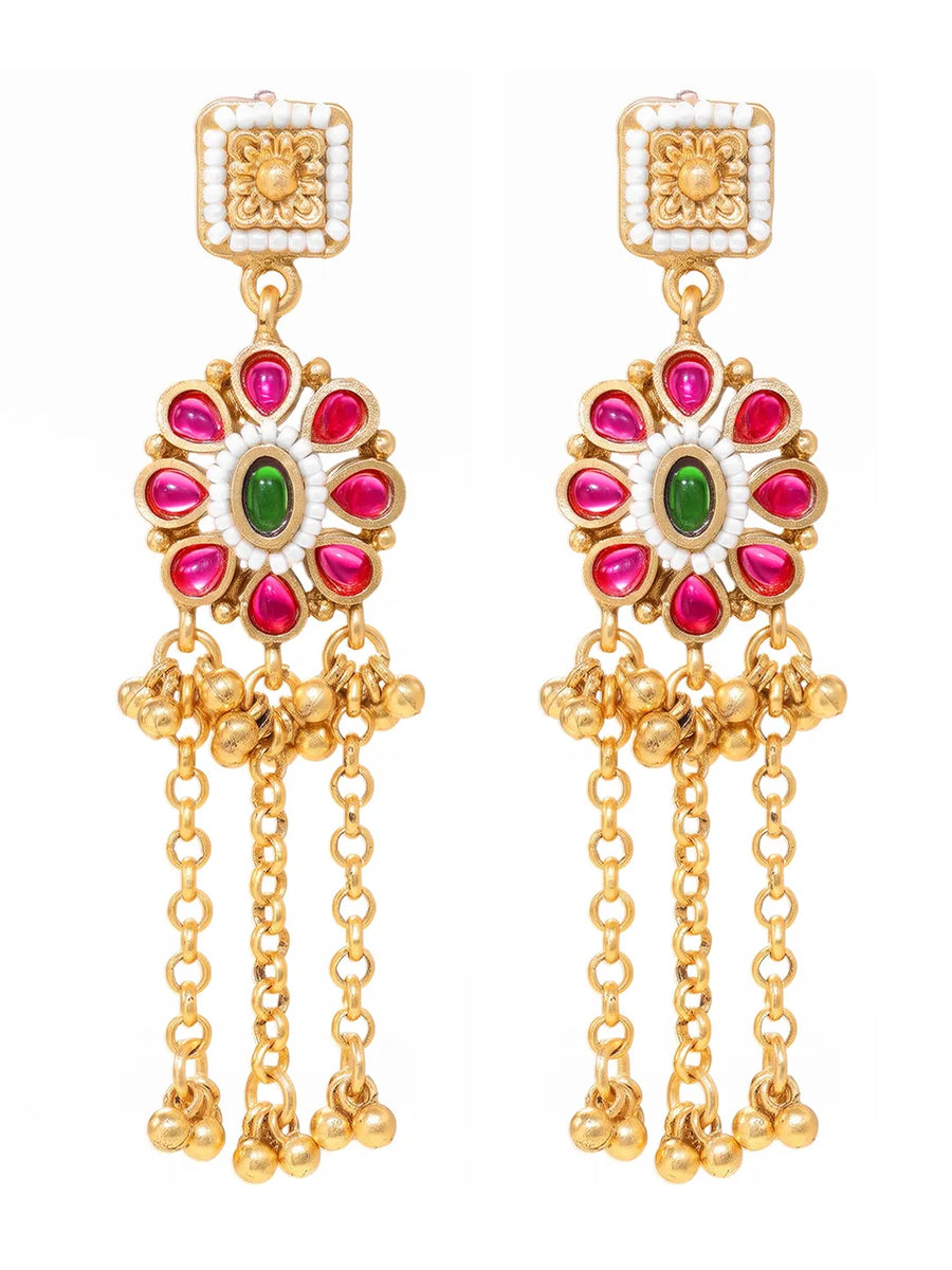 Gold Plated Pink Green Intricate Earrings